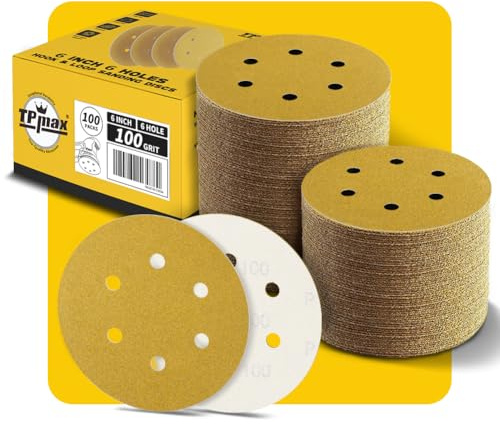 100 dischi abrasivi a 6 fori, grana 100, grana 150 mm, 6 fori, colore oro, con gancio e anello per levigatrice orbitale casuale, ideali per legno, metallo, automobili