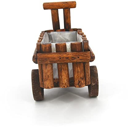 Yardwe Wooden Cart Flower Pot Small Ornamental Wheelbarrow Planter for Home Garden Decor Brown 23x12x18cm Decorative Potted Plant Container