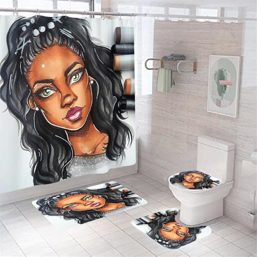Badezimmerteppich Schwarz Haarige Frau Badteppich rutschfest Waschbar Badgarnitur 4 Teilig – Badematte Set Mit Wc-Vorleger Und Badematte,Teppich Badezimmer Für Sicherheit Und Komfort Im Bad 45X75Cm