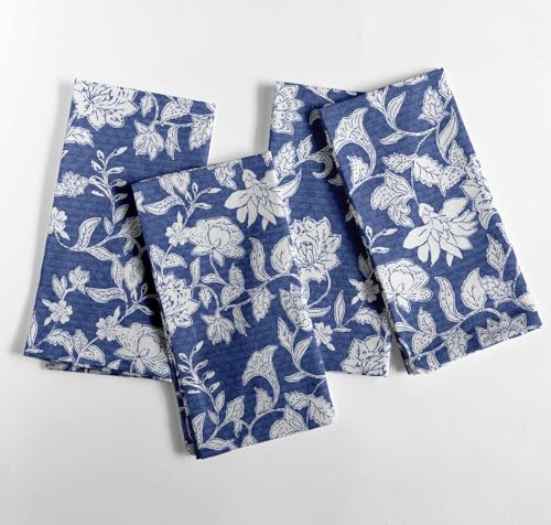 Vargottam Servilletas de algodón artesanales con Estampado Floral, Juego de 12, 50 x 50 cm, servilletas de Tela Azul con Detalles Blancos, cenas Elegantes y Brunch. Lavables a máquina.