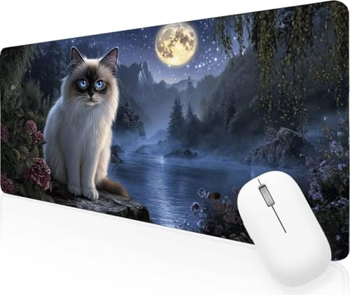 Tapis de Souris Blanc Chat Tapis de Souris xxl 900x400x3mm Speed Gaming Mouse Pad, avec Coutures sur Les Bords Base Ant-Dérapage, étanche, Antidérapant,Résistant pour Types de Mouse et Claviersers J-9