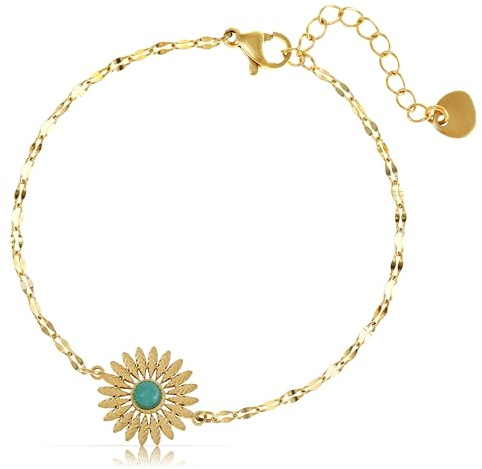 Made by Nami Pulsera Mujer Dorada Girasol Turquesa - Acero Inoxidable Resistente Agua Ajustable 16+3cm