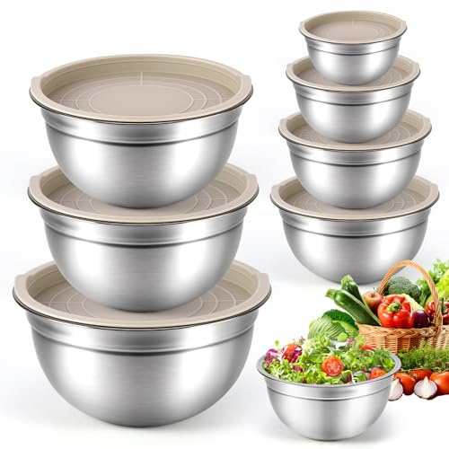 Miawtro Lot de 7 bols mélangeurs en acier inoxydable avec couvercle, diamètre 14/16/18/28/22/24/26 cm, pour préparer la pâte, mélanger les salades, conserver les aliments