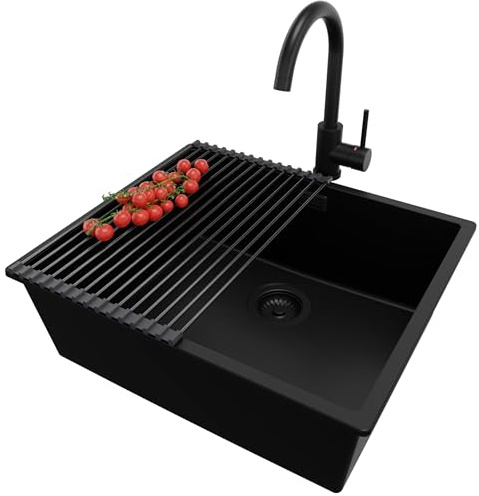 PRIMAGRAN Fregadero bajo Encimera al Mueble 60cm + Grifo, 56x47cm | Set: Grifo BW5010 + Kit de desagüe + Enrollable Escurridor + London 1 Seno Granito, Todo Negro