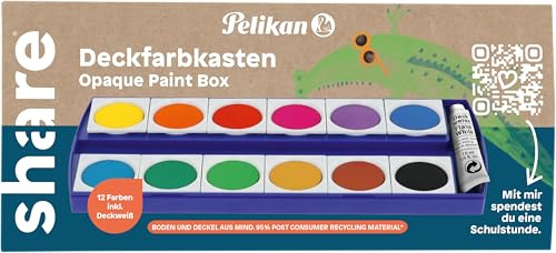 share Deckfarbkasten – Wasserfarben-Malkasten mit 12 Farben & Deckweiß – kräftige Malfarben für kreative Kinder – Tuschkasten für Schule, Kunstunterricht – Wasserfarbkasten - Made by Pelikan