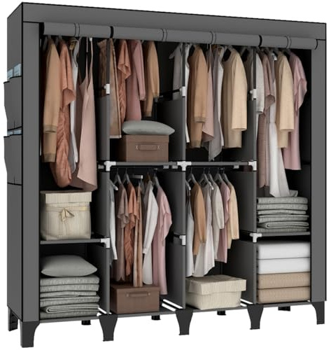 OPPAIYA Extra Large Canvas Wardrobe with 6 Hanging Rails, Portable Fabric Bedroom Wardrobes with 8 Shelves & 8 Side Pockets, Heavy Duty Temporary Clothes Storage, Gray, 175 x 45 x 170 cm