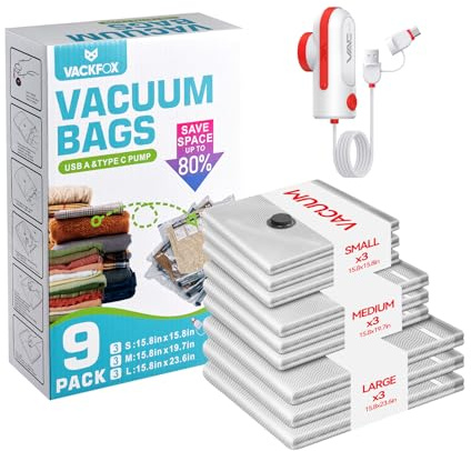 VACKFOX Travel Vacuum Bags with USB & TYPE C Pump,9 Pack Carry-On Size Vacuum Storage Bags for Luggage and Suitcase,Vacuum Luggage Bags,Space Saver for Clothes and Clothing Travel(Red)