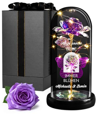 Maverton Rose Eternelle sous Cloche LED avec Gravure, Rose Immortelle | Avec Éclairage LED, Idee Cadeau Couple, Cadeau Personnalisé Amour pour Amis Saint-Valentin Mariage, Amour a jamais