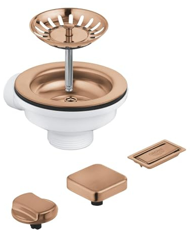 GROHE Pop-Up Waste Set for One-Bowl Kitchen Sink (with 2 Remote Control Knobs: Round & Square, Overflow Cover and Basket Strainer), Brushed Rose Gold, 40996DL0