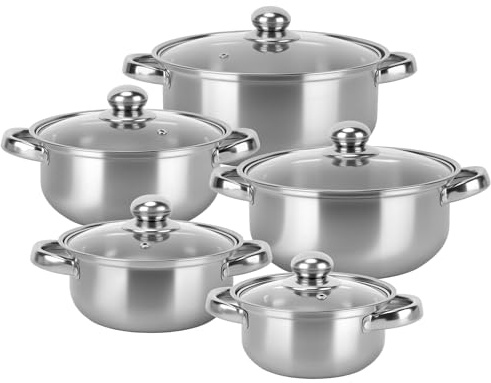 MEKOTRIN Stainless Steel Pots Set - 10 Pieces Kitchen Cookware Pan Set, 5 Saucepans with 5 Glass Lids, 2 Ear Handle, Fast Heating, Soup Pot for Cooking Boiling Stewing, All Hobs & Induction, Silver