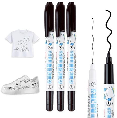 Caelura 3 Stück Textilstifte Waschmaschinenfest, Textilmarker Waschmaschinenfest Schwarz, Stoffmalfarben Waschfest, Dual Tip Stoffmalstifte für T-Shirt Stoffbeutel Schuhe
