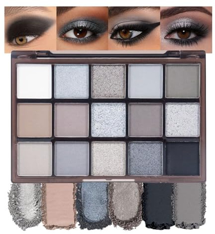 TESGADGETS Smokey Black palette ombretti, 15 colori, grigio, argento, scuro, scintillante, opaco, lunga durata, resistente all'acqua, sfumabile, per uso quotidiano, Halloween, Carnevale