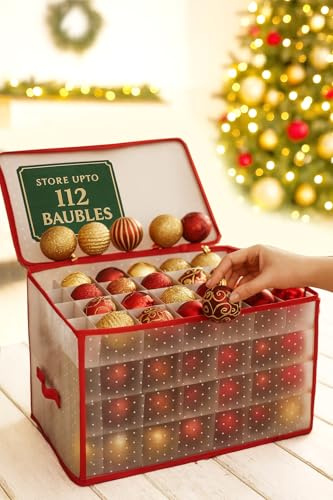 112Pcs Christmas Bauble Large Storage Box - 112 Big Compartment Clear Foldable Container Decoration Xmas Tree Ornament Durable Safe Storage Organiser Accessories Box/Bag/Case with Divider, Zip and Lid