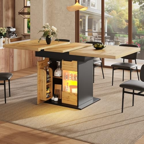 YEHTOKHOME Table à Manger Extensible 4-6 Personnes, Table de Cuisine Rectangulaire avec Rangement, Portes en Verre, Éclairage LED Intelligent, pour Petits Espaces, 110-140x80 cm (G)