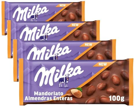 Milka Mandorlato, Tavoletta di Cioccolato al Latte e Mandorle intere - 100g (Confezione da 4)