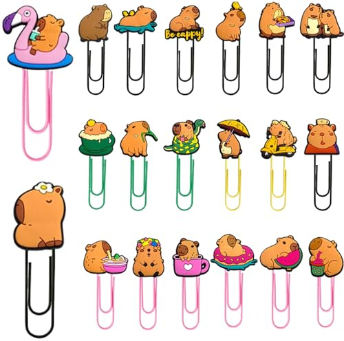 LEMONSTONE 20 stycken pappersklämmor stora färgglada, gem motiv capybara-tema, pappersklämma, tecknad design gem bokmärke, för kontor, skola, brevklämmor, mapp klämmor, stor gem