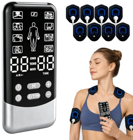 TENS Apparat smärtterapi, 3-i-1 EMS TENS stimulator med 24 program, 2 kanaler och 8 elektrodkuddar för smärtlindring