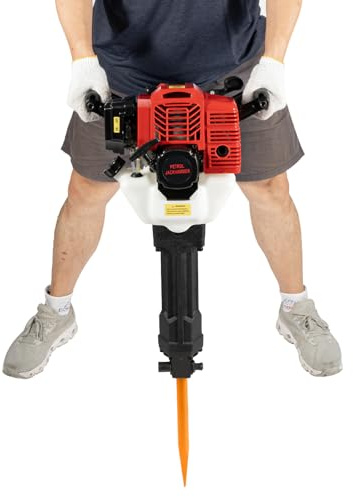 2-Stroke Petrol Demolition Jack Hammer, 52CC Gas Concrete Breaker with 1900W 1500BPM, Hand Pull Start Air Cooling, Includes Point & Flat Chisel for Ground Slotting Rock Breaking