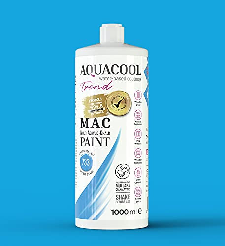 Happy Woody AquaCool - Pintura acrílica mate de secado rápido para uso en interiores y exteriores en muebles, madera, plástico, vidrio, cerámica, piedra (1000 ml, azul río 733)