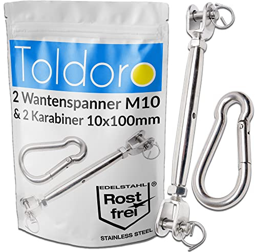 Toldoro® 4X Sonnensegel Spanner/Wantenspanner Edelstahl/rostfreie Sonnensegel Befestigung / 4X Seilspanner Sonnensegel M10 & 4 Karabiner 100mm / Befestigung für Sonnensegel, Abdeckplane oder Tarp