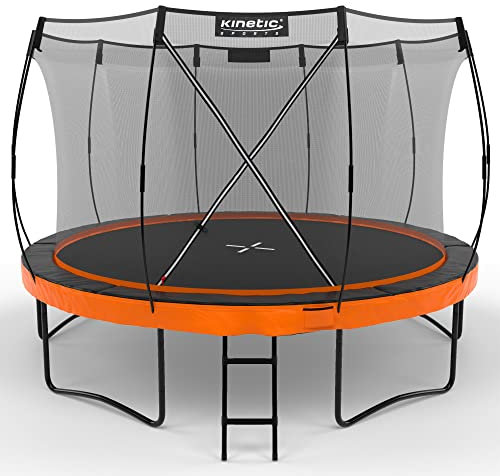 KINETIC SPORTS Trampolin Outdoor 'Ultimate Pro' Ø 244/305/366/427 cm – TÜV Rheinland, Kindertrampolin mit Leiter, Fieberglas-Netz, Gartentrampolin im Kürbis-Design, bis zu 160 kg