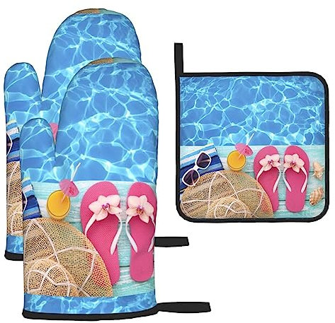 Cool Pool Wasser Ofenhandschuhe und Topflappen Sets Wasserdicht Hitzebeständig Küche Ofenhandschuh zum Kochen BBQ Backen Grillen 3 Stück