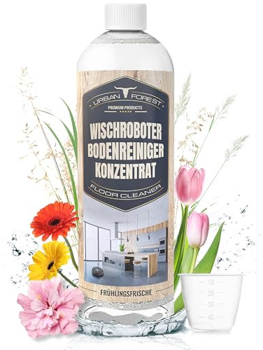 Bodenreiniger für Wischroboter & Saugroboter für alle Hartböden | Wischroboter Reinigungsmittel Konzentrat 1L | Streifenfreier Wischroboter Reiniger + Dosierer | URBAN FOREST | Frühlingsfrische