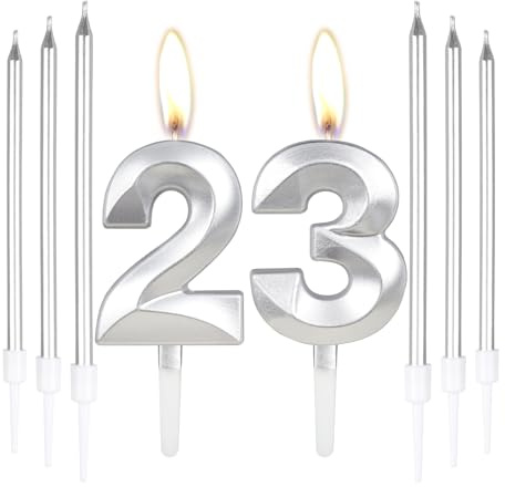 Silberne 23. Geburtstagskerze mit 6 Langen Kerzen - Dekoration für Geburtstag, Party & Hochzeitstag