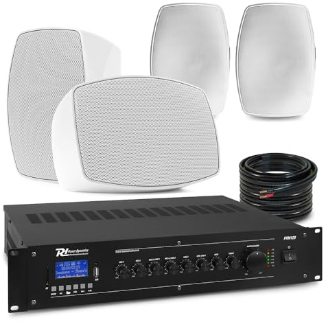 PD BHW50WH 4x 5.25'' White Wall Speakers System with PRM120 Mixer Amplifier - Versatile In/Outdoor Commercial PA Kit, Bluetooth, Weatherproof, Background Music System, Commercial Audio System