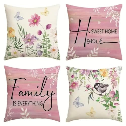 4er Set Kissenbezug 40x40cm , Baumwolle Leinen Dekokissen Kissenbezüge Sofakissen Dekorativ Kissenhülle Zierkissenbezüge für Sofa Schlafzimmer Wohnzimmer Couch Zuhause Dekor Rosa Blumen Vögel,16x16in