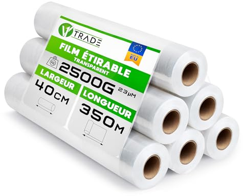 V1 Trade Film Etirable Demenagement - 6 Rouleaux Film Palette Transparent 40cm x 350m - Plastique Protection pour Colis et Meubles