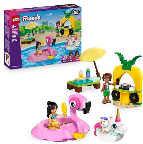 LEGO Friends Fiesta en la Piscina con Flamenco y Unicornio - Juguete con Flotadores de Animales, 2 Mini Muñecos y Figura de Gato Churro - Cabina de DJ y Tumbonas - Regalo para Niñas de 5+ Años 42658