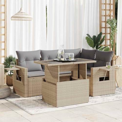 IKAYAA 5-TLG Balkon Lounge Klein mit Verstellbare Tischplatte Balkonsofa Gartensofa Ecklounge Ecksofa Outdoor Loungemöbel Gartenmöbel Balkonmöbel Beige und Grau Type 13