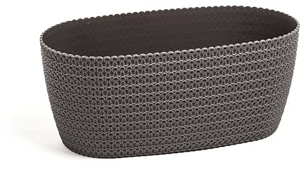KONZEPT Blumentopf 37 cm länglich – oval & niedrig, Übertopf in Strickoptik, anthrazit, Kratzfest und UV-beständig, ideal für Balkon & Fensterbank