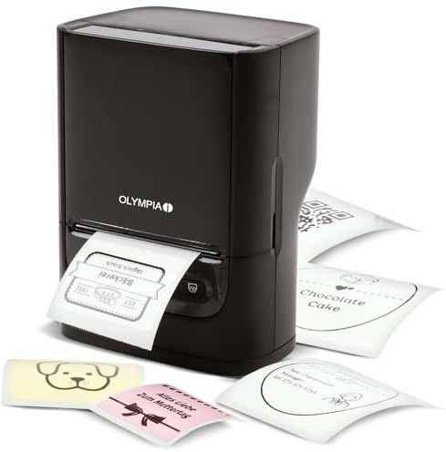 Olympia Etikettendrucker PM220 Schwarz | Bluetooth Etikettendrucker Selbstklebend für Zuhause und Unterwegs | Tragbarer Thermotransferdrucker für Wasserfeste Etiketten | Mobiler QR Code Label Printer