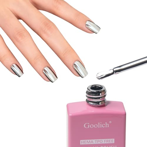 Goolich Smalto Semipermanente Unghie Argento Metallo Cromato, 15 ML Senza HEMA e TPO Smalto Gel Argento Specchio Metallico Lucido per Unghie Rimovibile a Immersione UV LED