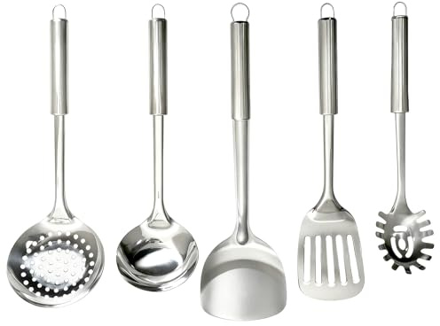 Ensemble De 5 PièCes Ustensiles De Cuisine Inox Spatule Inox Acier Inoxydable Ustensiles De Cuisine CuillèRe à Soupe, éCumoire, Spatule à frire, CuillèRe à PâTes