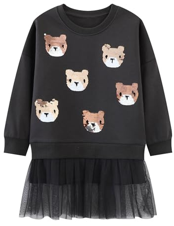 Dioshark Sudaderas para Niña Algodón Tul Vestidos Lentejuelas Pullover Tops con Manga Larga Gris Oso Patrón Suéter Deportivas Casual Pullover Primavera Otoño Jerséis para Niñas 3-4 Años