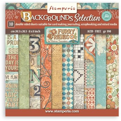 Stamperia - Scrapbook Paper Pad for Scrapbooking, Albums, Cards, Bullet Journals, and More, Acid Free, Double-Sided, Perfect for Crafts and Gifting (Furry Friends Background Selection) (20.3 x 20.3cm)
