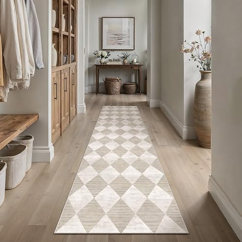 PureCozy Tappeto Corridoio Lungo Tappeti 60x240cm Beige Lavabile in Lavatrice Antiscivolo Corridoio Rug Moderno Geometric Rombo Carpet Camera da Letto Cucina Interno Lungo Carpets Pelo Corto Rugs