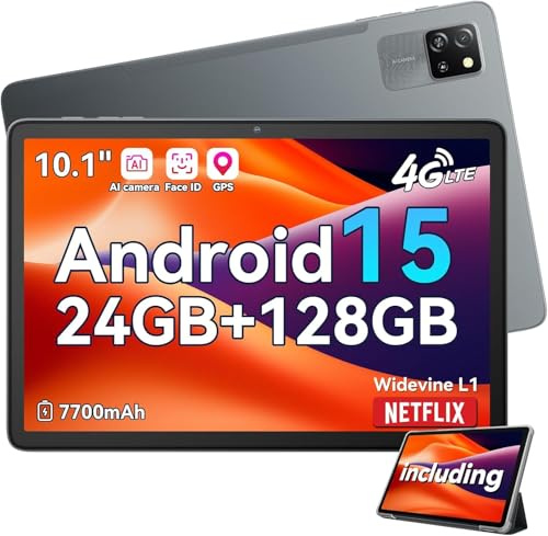 Tab60Pro Android 15 Tablette 10 pouces, 24GB + 128GB (TF 2TB) 5G Wi-Fi 4G LTE Gaming Tablette cellulaire avec emplacement carte SIM, 7700mAh 5MP + 8MP AI Caméra, GPS, Widevine L1, BT5.0 ID visage