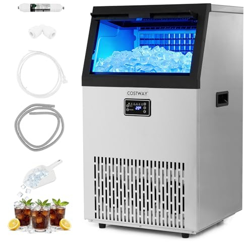 COSTWAY Commercial Ice Machine, 54kg/24H Stainless Steel Ice Maker Machine with 15 Adjustable Thickness, 16kg Ice Storage, Self-Cleaning Design, Digital Display & Scoop, Ice Cube Machine for Home Bar