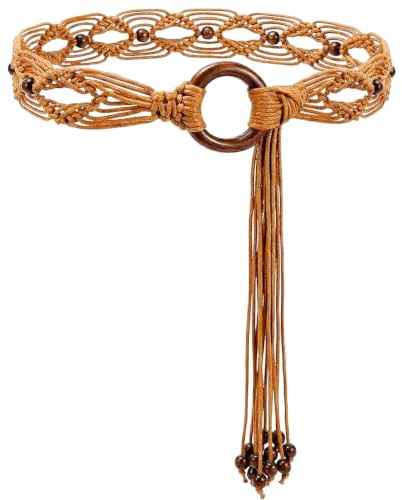 AUNGCSHE Damengürtel, Webgürtel Boho, Handgeflochten aus Wachskordel und Holzperlen, Verstellbar für Kleider, Jeans, Hochzeiten und Strand