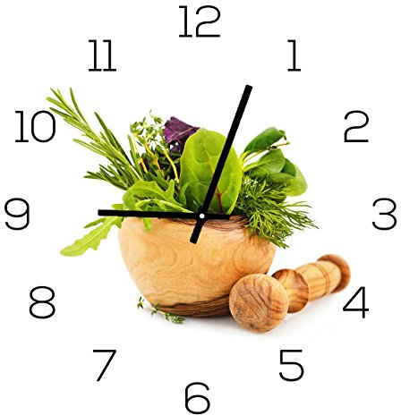 levandeo Wanduhr aus Glas 30x30cm Uhr als Glasbild Küche Kräuter Gewürze Kochen Deko