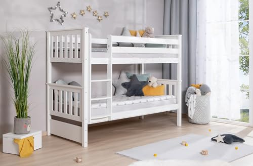 TiCAA Etagenbett, Kinderbett, Stockbett Funktionsbett für Kinder mit Treppe & Zwei Liegeflächen teilbar aus Kiefer Massivholz Weiß Bettgestell 90 x 200