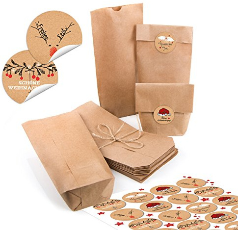 Logbuch-Verlag 24 Frohe Weihnachten Kraftpapier Tüten Papierbeutel 10,7 x 22 x 4,2 cm MIT weihnachtlichen runden Aufklebern kleine Geschenke Verpackung braun rot schwarz