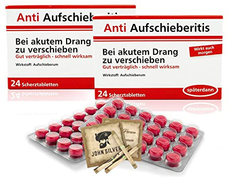 Lustige Pillen ANTI AUFSCHIEBERITIS Pille 2er Set, als Geburtstagsgeschenk. Spaß, Anti Stress, gute Laune, Junggesellenabschied Mann und Frau. mit John Silver® Orakelsprüchen