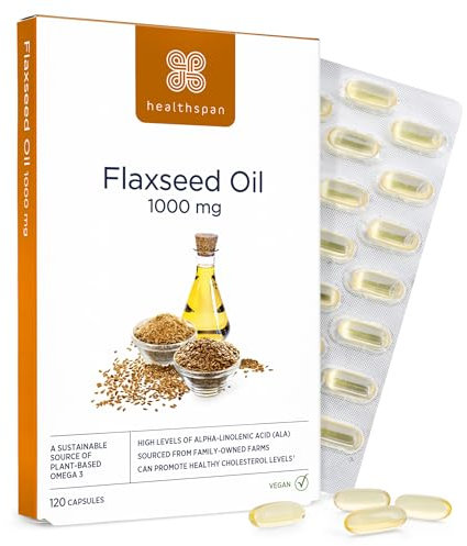 Healthspan Flaxseed Oil 1,000mg | 120 Capsules | Omega 3 Fatty Acid ALA | Maintain Healthy Blood Cholesterol Levels | Women's Health | Vegan