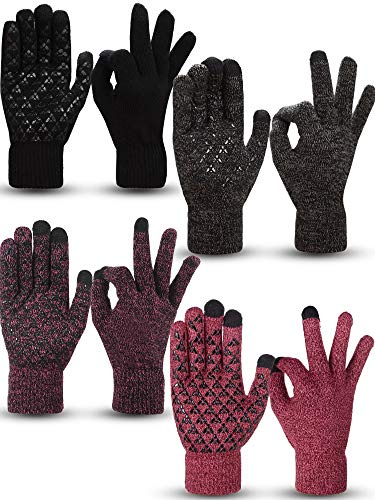 SATINIOR 4 Pairs Winter Knit Touchscreen Gloves Warm Texting Gloves Elastic Anti-slip for Adults(Black, Black Red, Black Grey, Rose Red,M)