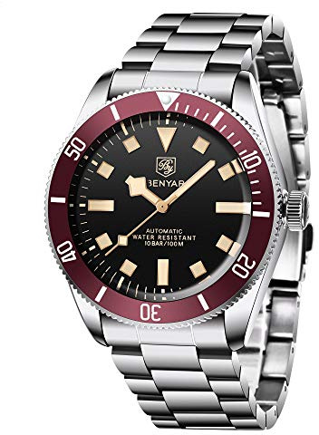 BENYAR Men's Automatic Watch, Stainless Steel Belt One-Way Aluminum Bezel Fashion Casual Waterproof Mechanical Watch Automatic (Golden red)